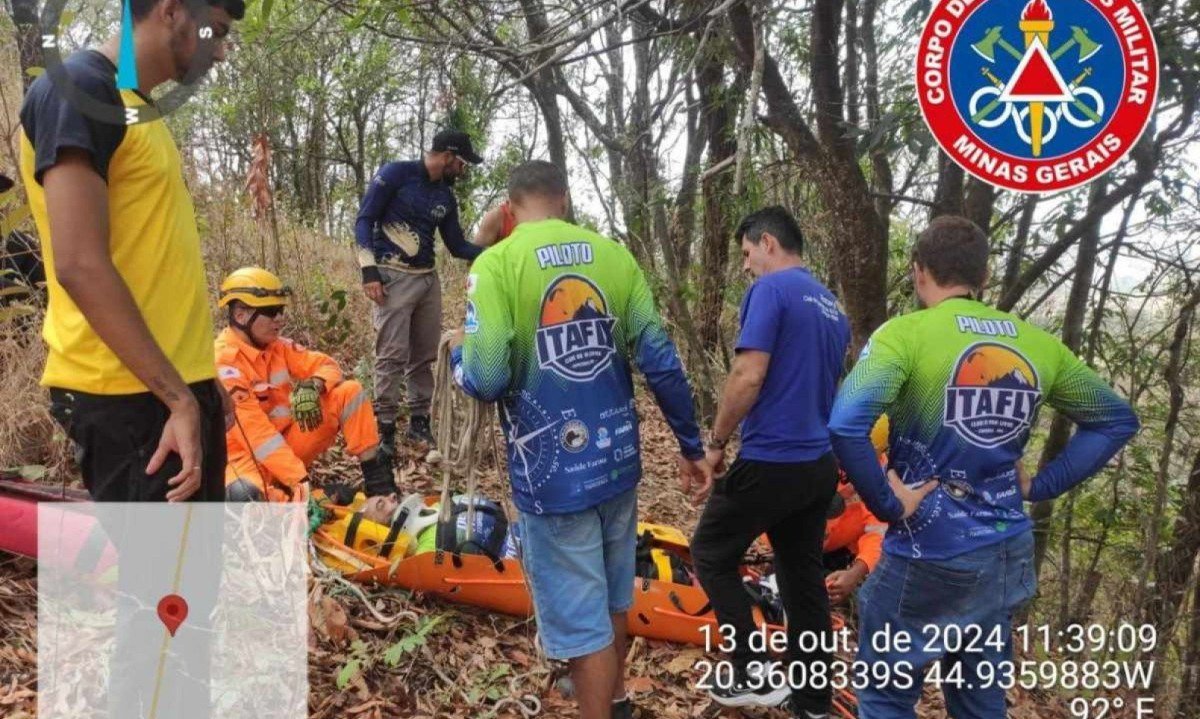 Equipe dos bombeiros faz o resgate do piloto  -  (crédito: CBMMG/Divulgação)