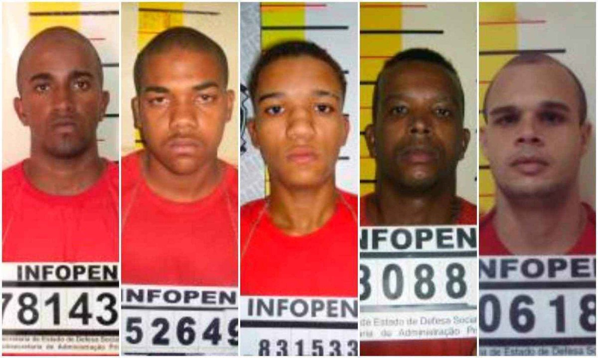 Thales David Martins Lidório; Patrick Maurício Amaral dos Santos;  Iuri de Castro Souza; Fábio Nogueira Rodrigues e Antônio Marcos dos Santos fugiram da penitenciária nesta segunda-feira (14/10) -  (crédito: Sejusp / Reprodução)