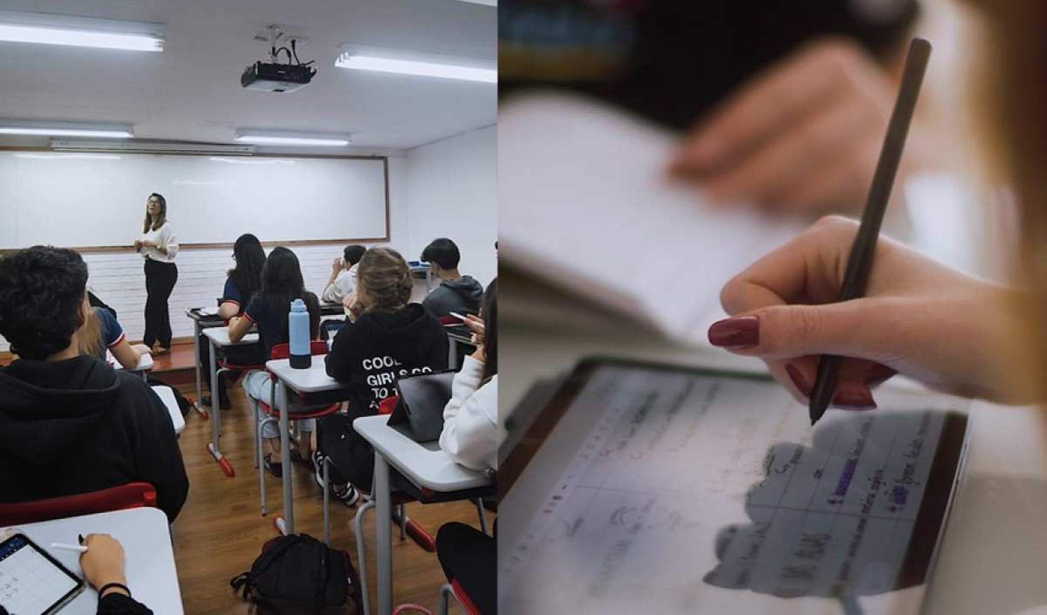 Sala de aula cheia de aluno com professora dando aula.