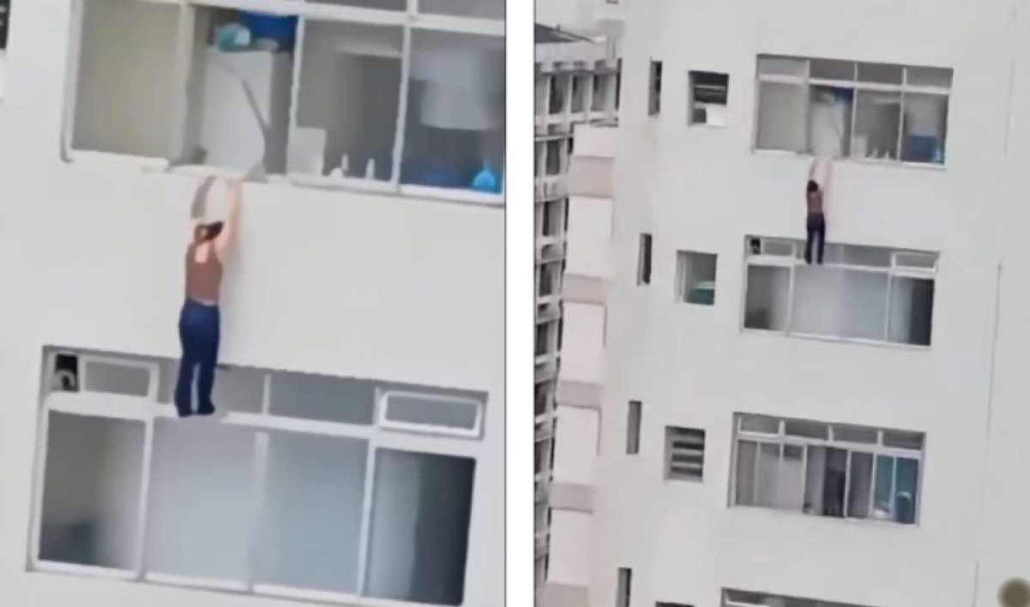 Vídeo: mulher fica pendurada em prédio ao limpar janela de apartamento