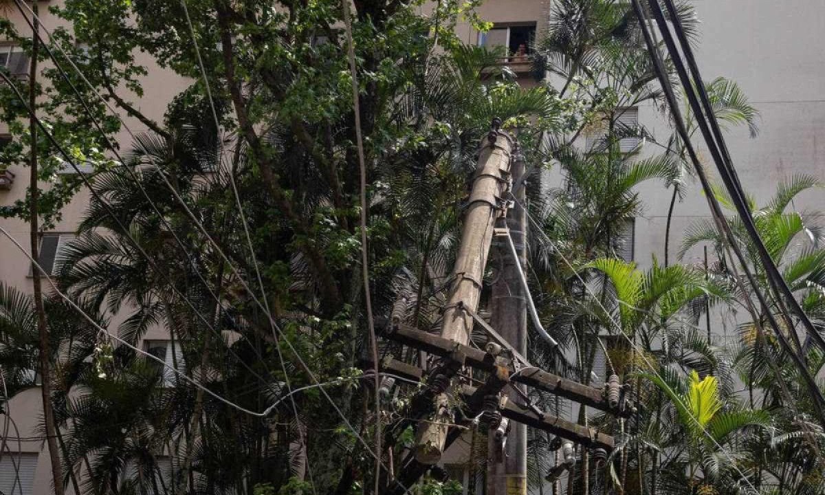 Poste quebrado por árvore derrubada por temporal na Vila Andrade, em São Paulo -  (crédito: Alisson Sales/Folhapress)