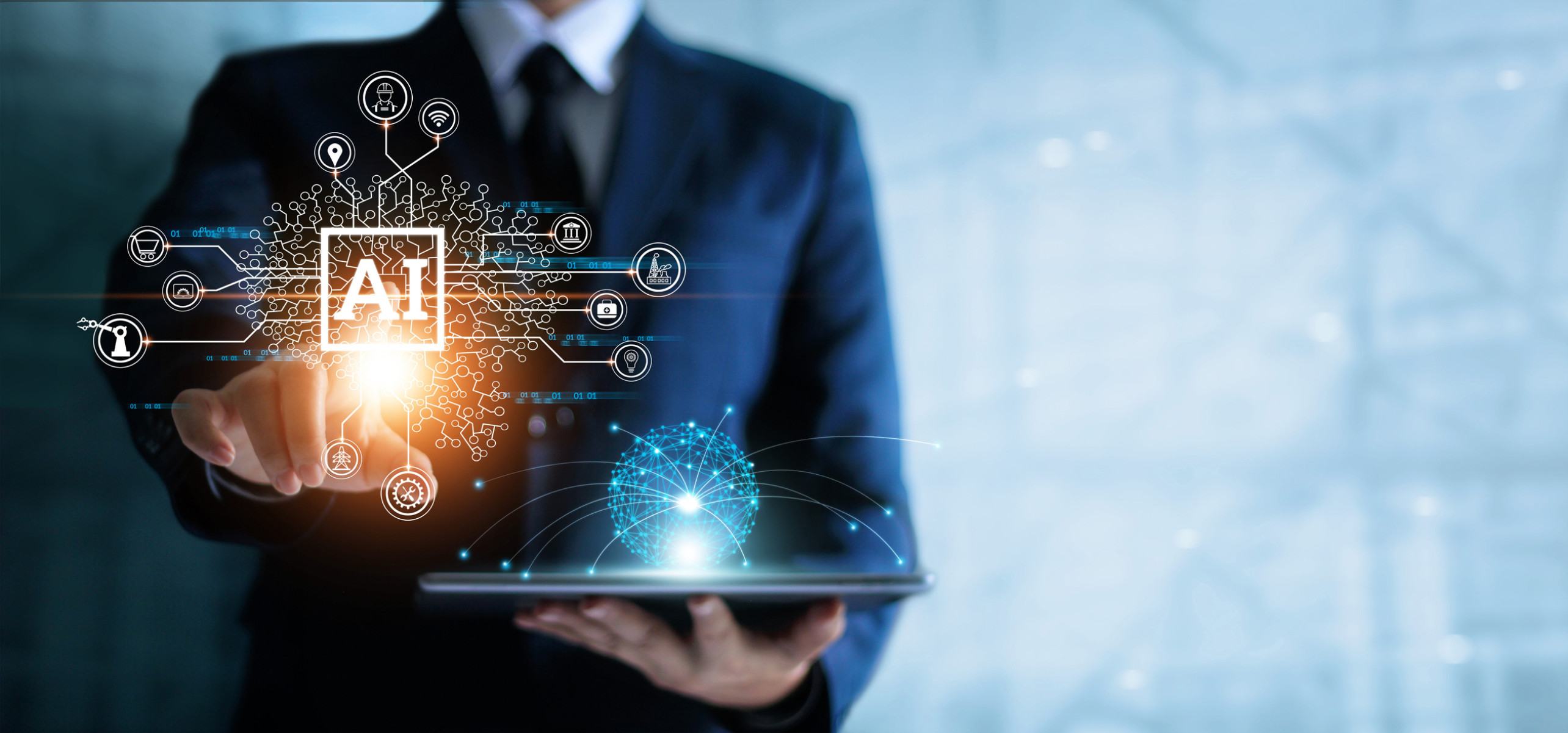  Businessman touching the brain working of Artificial Intelligence (AI) in the futuristic business and coding software development on interface and synchronize network connection, IoT, innovative and technology of business.
     -  (crédito:  Getty Images)