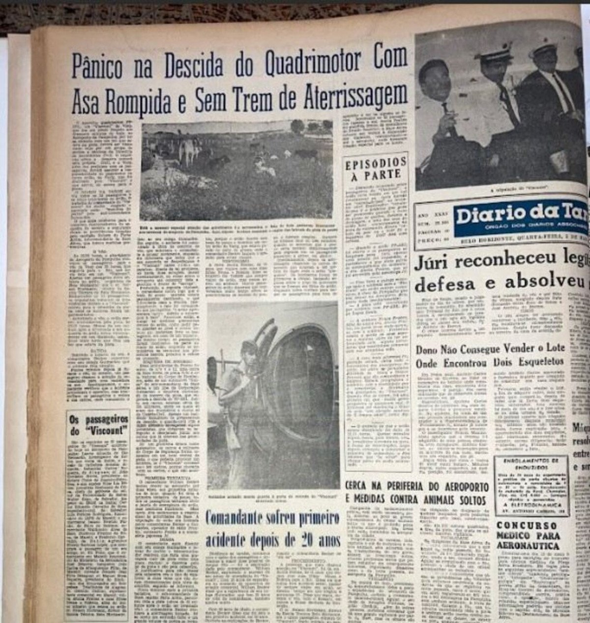 Trombada entre vaca e o avião na Pampulha estampou as páginas do Diário da Tarde de 5 de maio de 1965