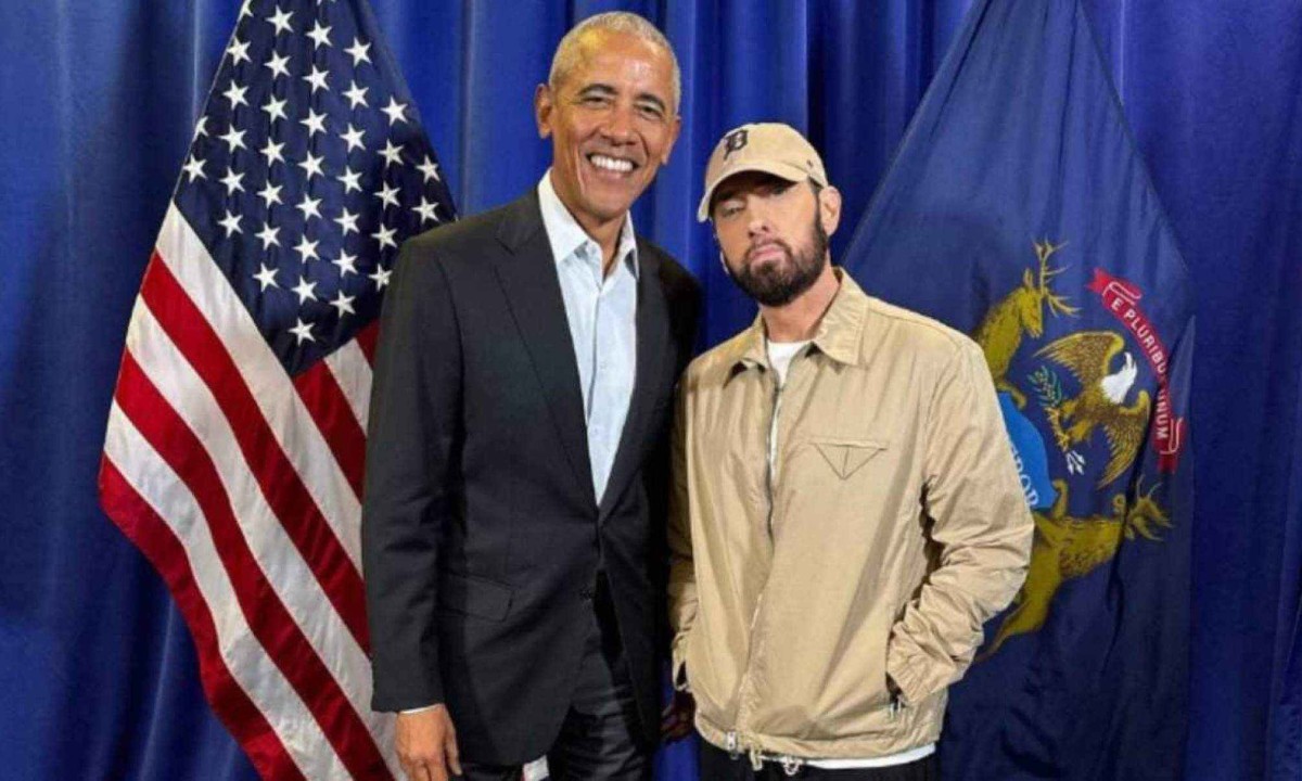 Barack Obama e Eminem após comício de Kamala Harris -  (crédito: Instagram / Eminem)
