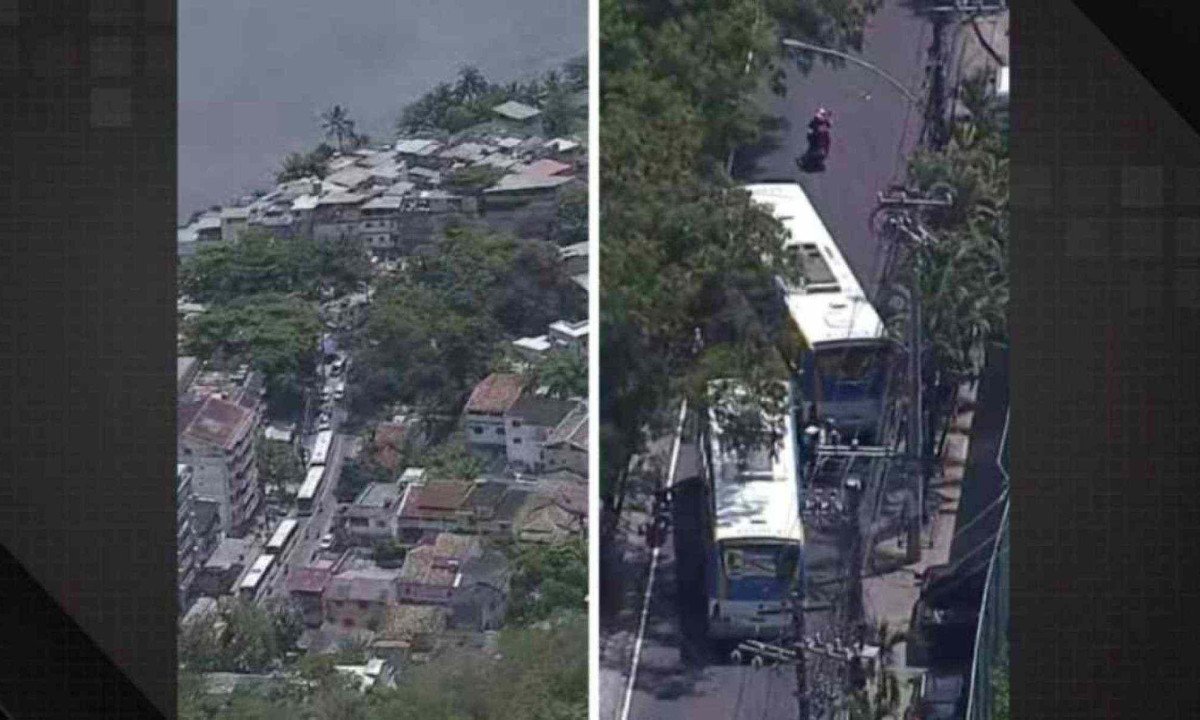 Ônibus sequestrados fecham entrada da Muzema, impedindo a agem da polícia -  (crédito: Reprodução/TV Globo)