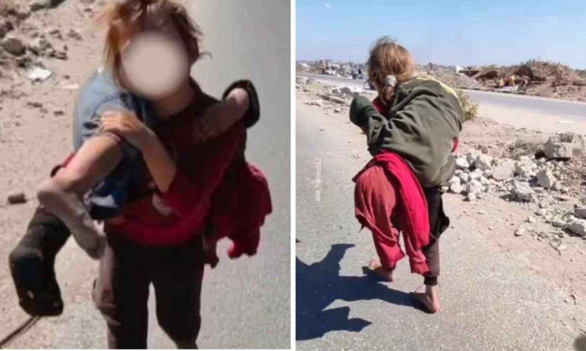 Garotinha carregou irmã que teria sido ferida em um atropelamento
 -  (crédito:  Alaa Hamouda / reprodução)