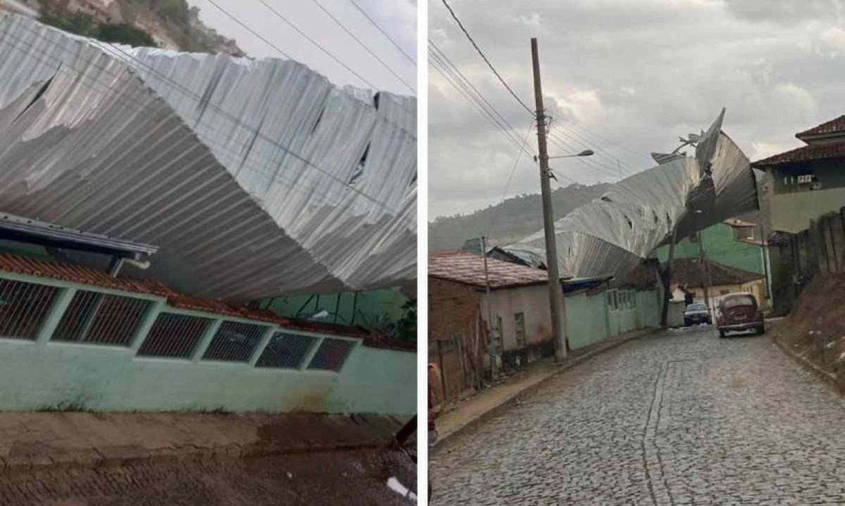 Telhado de asilo foi arrancado devido a chuva acompanhada de vendaval que atingiu a cidade de Passa Tempo -  (crédito: Redes Sociais)