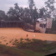 Carreta carregada de milho tomba e fecha BR-040 - Redes Sociais