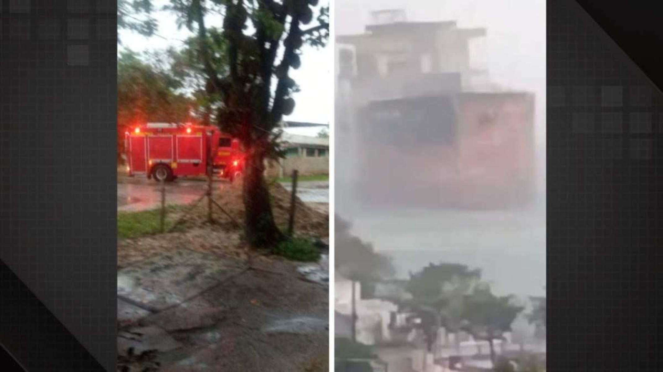 Montagem mostra caminhão do Corpo de Bombeiros em atendimento por árvore caída e navio que se desprendeu durante o temporal e ficou à deriva