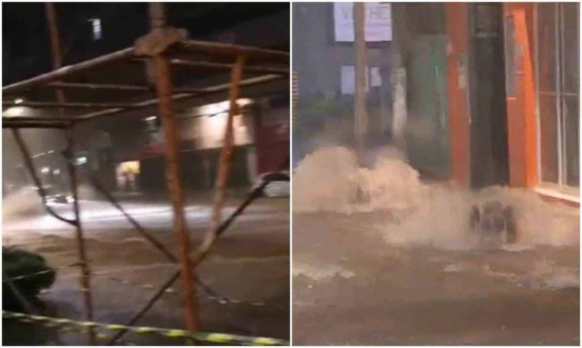 Ruas e avenidas ficaram alagadas durante forte temporal que atingiu Belo Horizonte na noite deste sábado (26/10) -  (crédito: Redes Sociais / Reprodução - Marcos Vieira / EM / D.A Press)