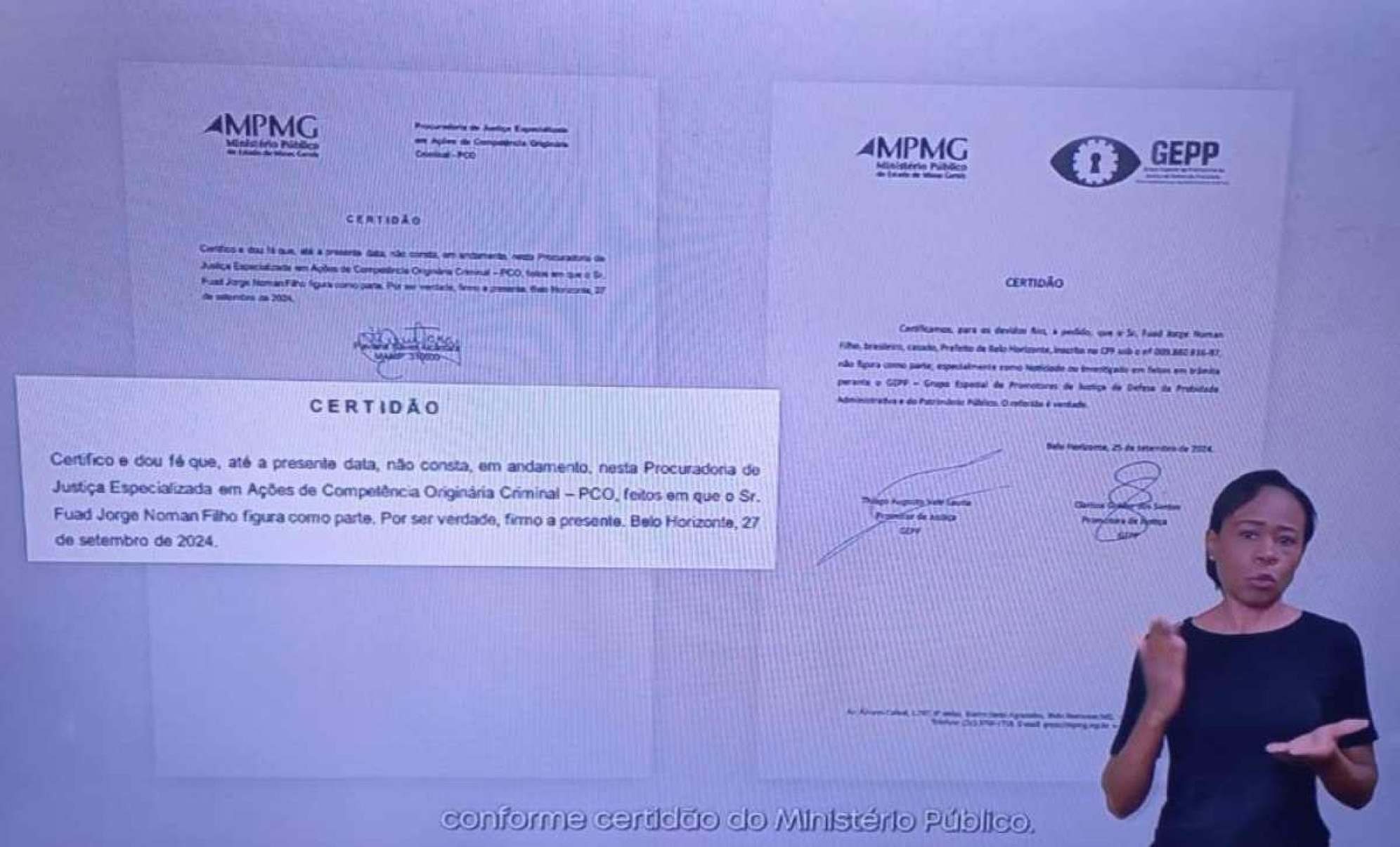 A certidão do MPMG afirma que não há processos em andamento na Procuradoria de Justiça Especializada em Ações de Competência Originária Criminal (PCO) contra o prefeito. Outro documento atesta que Fuad não é investigado pelo Grupo Especial de Promotores de Justiça de Defesa da Probidade Administrativa e do Patrimônio Público (GEPP).