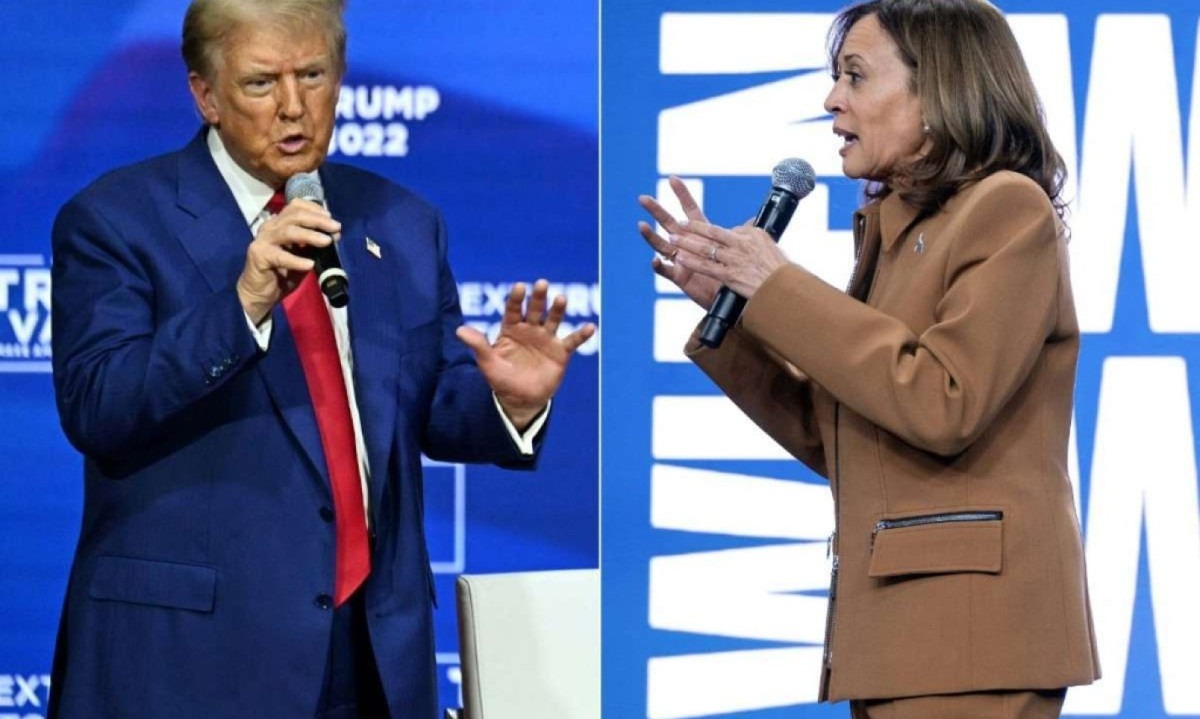 Ex-presidente e candidato presidencial republicano Donald Trump na Pensilvânia, em 14 de outubro de 2024, e vice-presidente dos EUA e candidata presidencial democrata Kamala Harris no Michigan, 26 de outubro de 2024 -  (crédito: Jim WATSON and Brendan Smialowski / AFP)