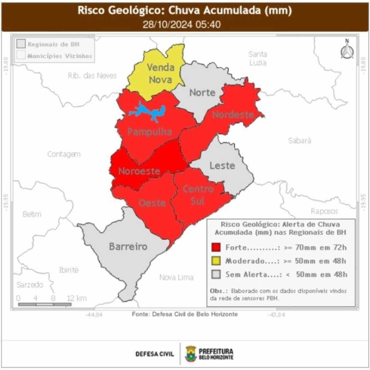 Cinco regionais estão sob alerta de risco geológico forte, enquanto uma tem risco moderado