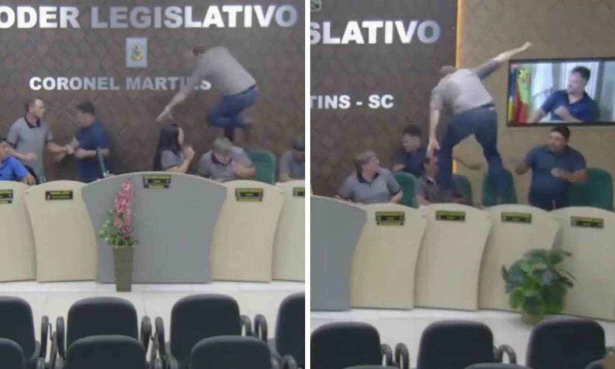 Vereadores brigam durante sessão -  (crédito: Reprodução / Câmara Municipal de Coronel Martins / Facebook)