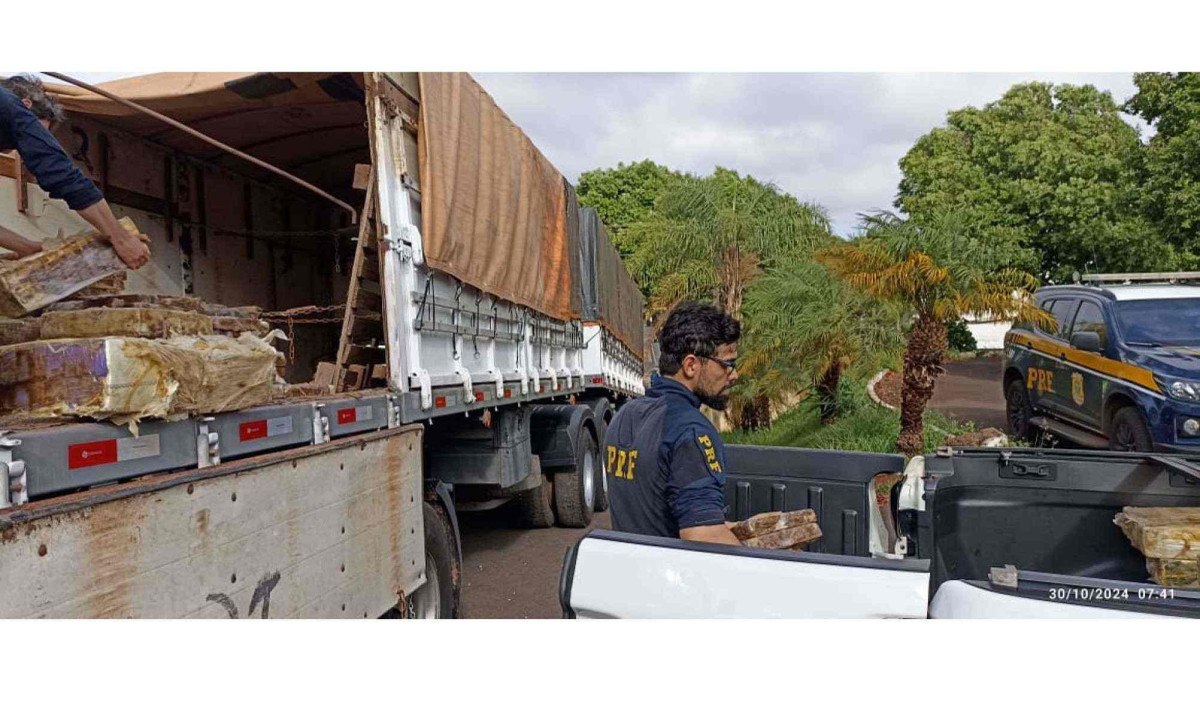 PRF apreende quase três toneladas de maconha em carreta bitrem; veja vídeo -  (crédito: PRF/DivulgaÃ§Ã£o)