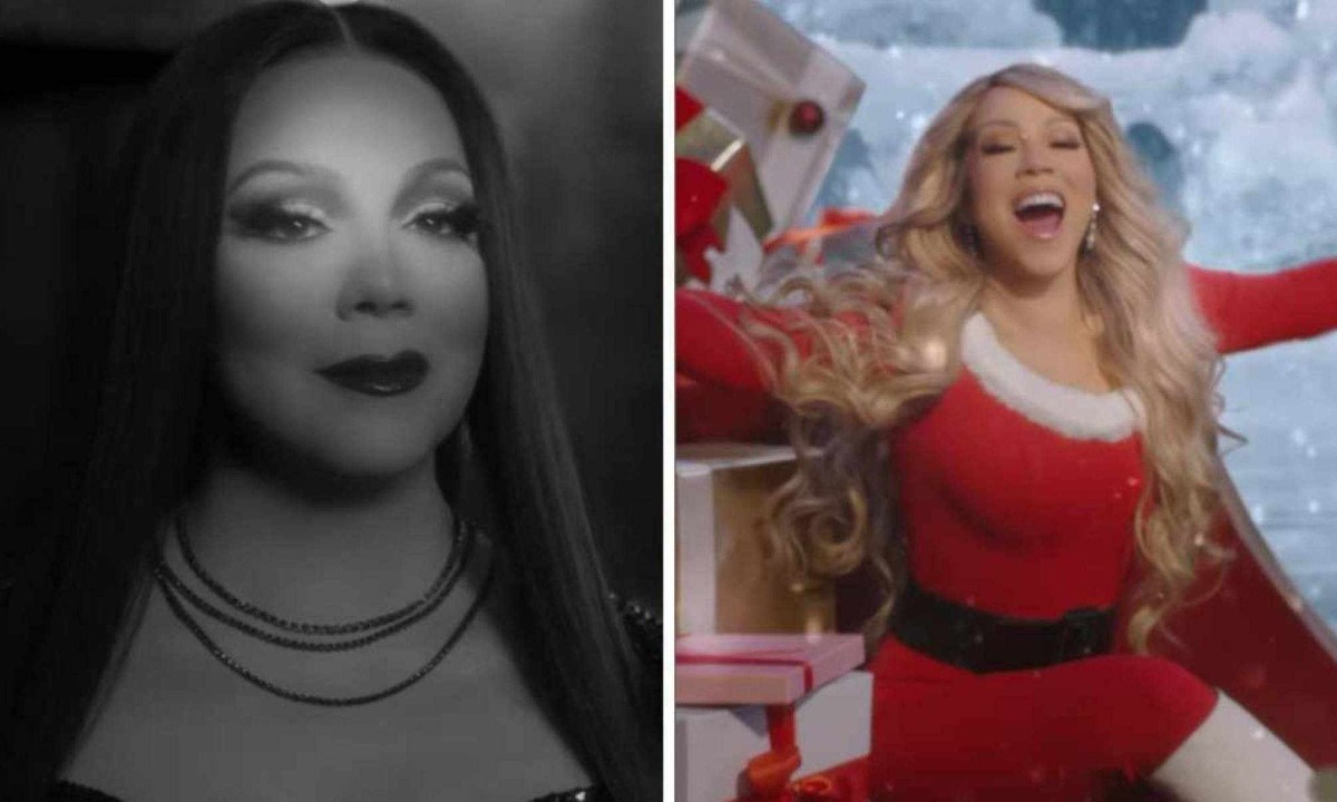 Considerada a Rainha do Natal, Mariah Carey se vestiu de Morticia Addams e de Mamãe Noel em vídeo -  (crédito: Reprodução / Instagram)