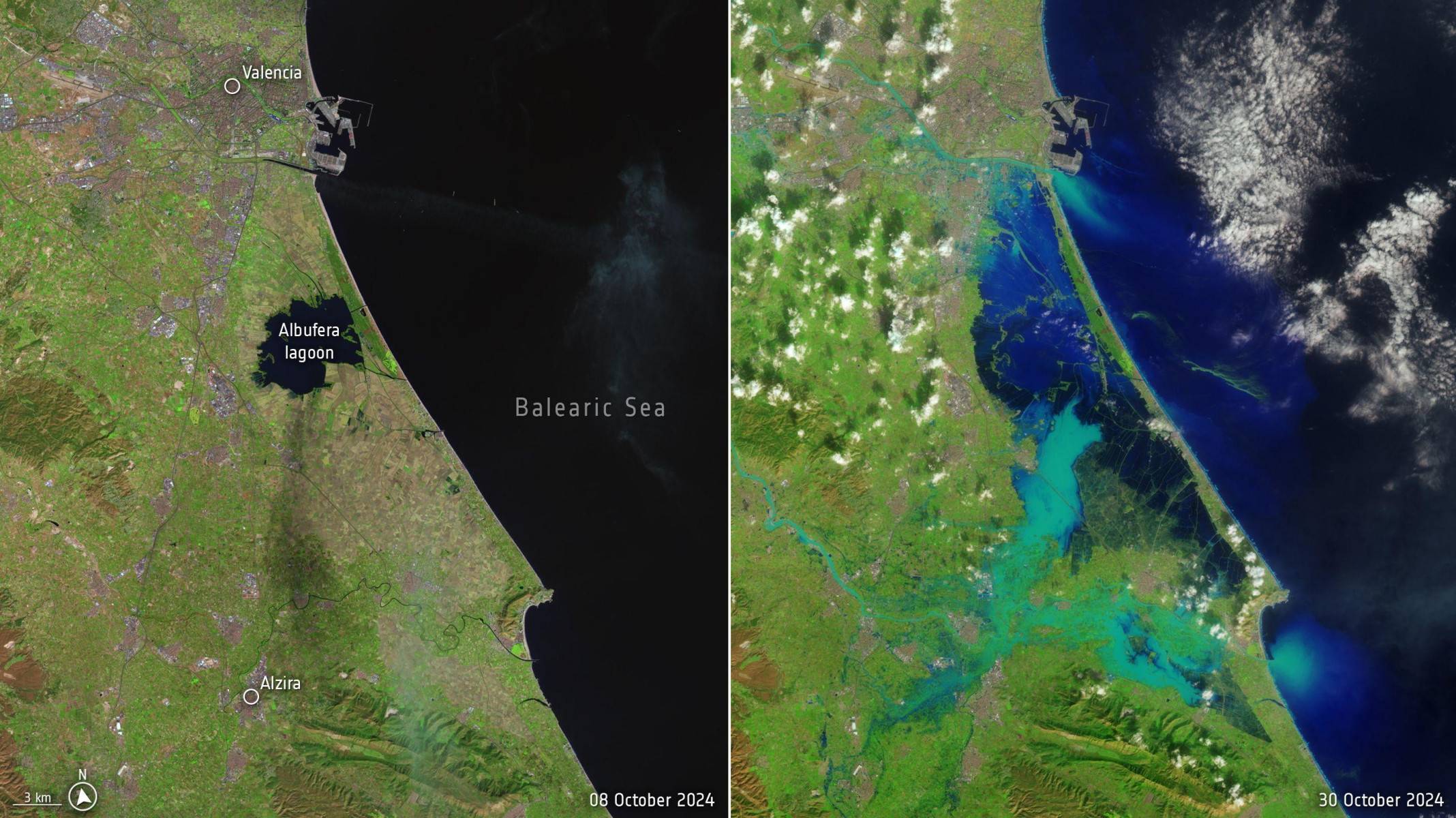 As imagens de satélite que mostram tamanho da destruição após enchente na Espanha 