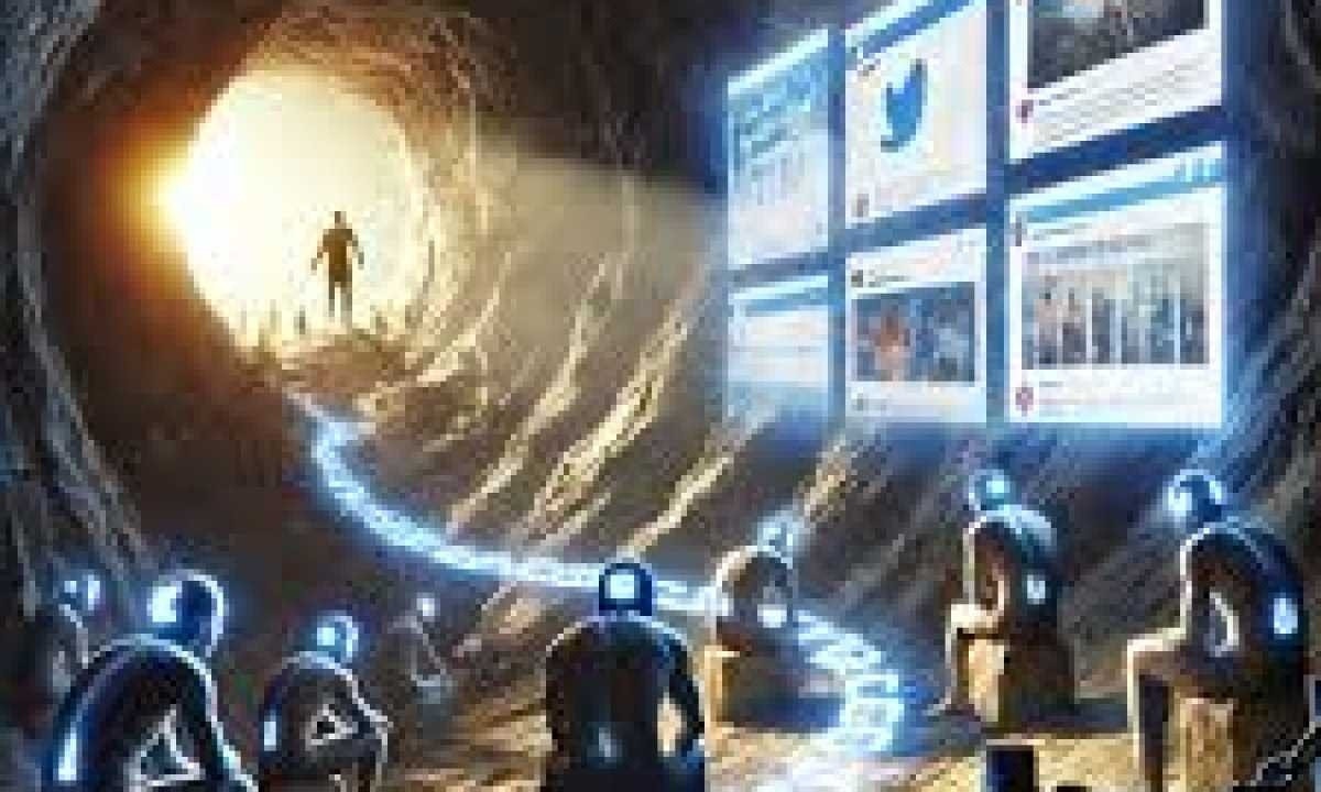 A caverna de Platão e imagens de computador geradas nas paredes escuras; um homem sai à luz - (crédito: inteligência artificial) A caverna de Platão e imagens de computador geradas nas paredes escuras; um homem sai à luz - (crédito: inteligência artificial)