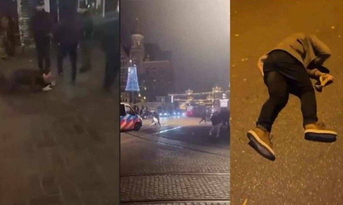Montagem com frames de vídeo de agressão a torcedores do Maccabi Tel-Aviv em Amsterdan, na Holanda, por pró-palestinos -  (crédito: Reprodução/redes sociais)