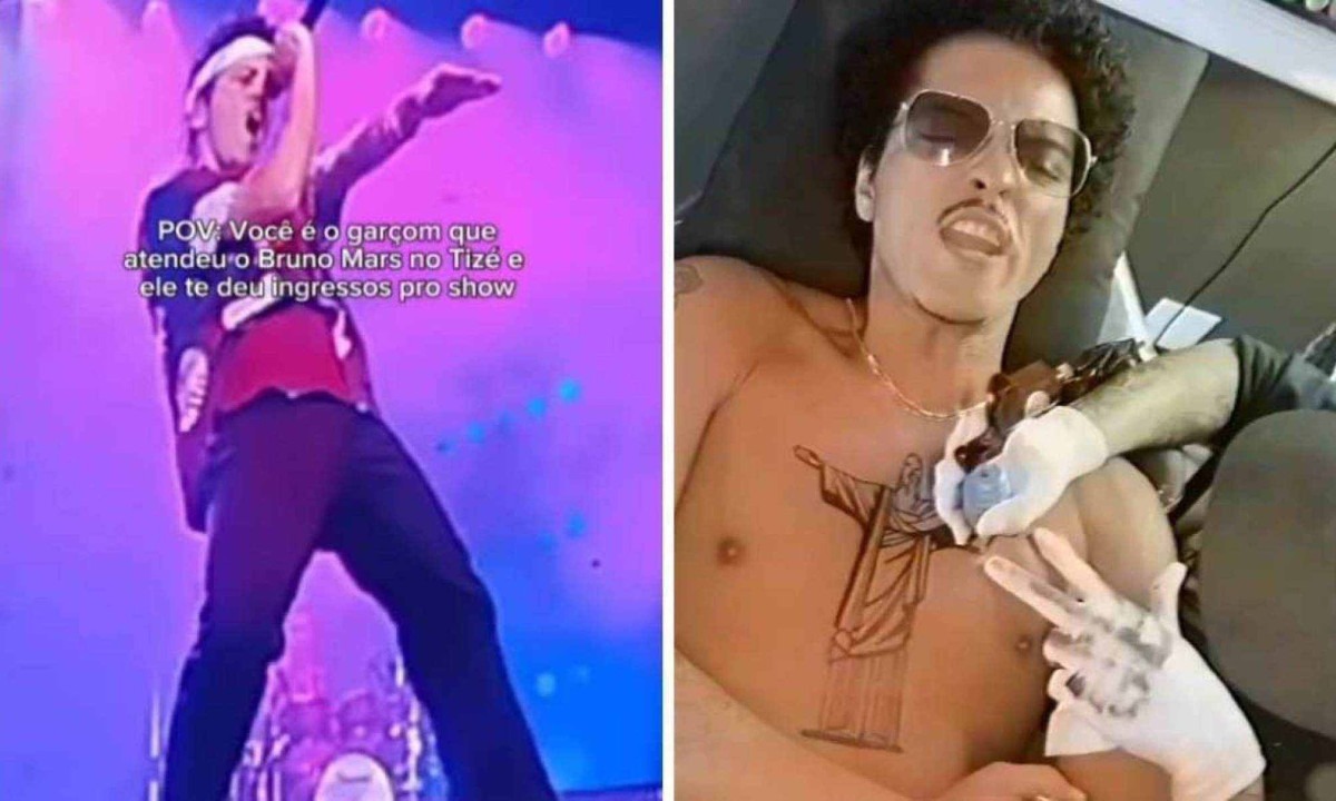 Garçom ganhou ingressos para o show de Bruno Mars, e tatuador curtiu rolê com astro pop -  (crédito: Reprodução / redes sociais)
