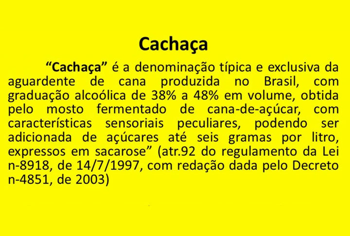 A Lei brasileira (decreto 4.851 de 2003) prevê que o termo 'cachaça' é exclusivo do país. Portanto, em outros locais pelo mundo, o certo é utilizar a referência como aguardente. 