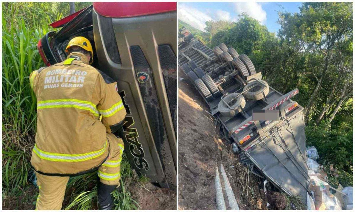 No local, a equipe dos bombeiros encontrou o motorista morto e preso às ferragens  -  (crédito: CBMMG)