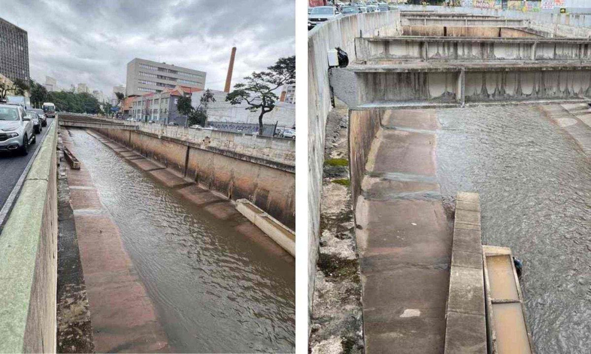 Imagens registradas pela reportagem do EM mostram pelo menos duas vigas caídas no Ribeirão Arrudas -  (crédito: Edésio Ferreira / E.M / D.A Press)