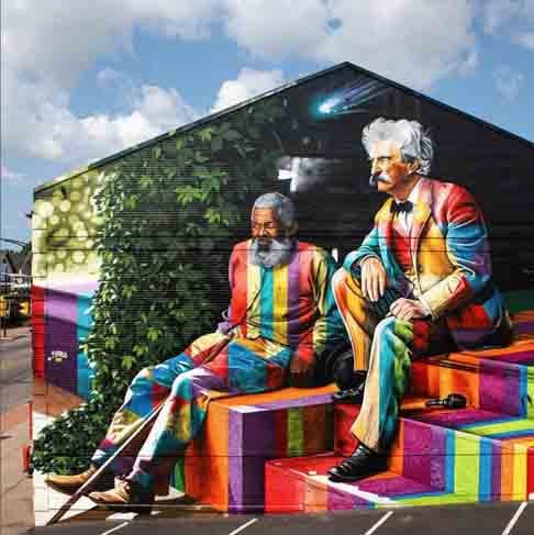 Kobra tem obras espalhadas por 36 países. Nesta imagem, o artista brasileiro retratou o escritor norte-americano Mark Twain ao lado do amigo John Lewis para o Museu Albright–Knox, em Buffalo (EUA).  