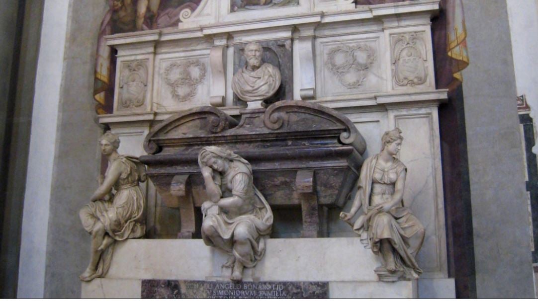 Michelangelo morreu em 1564, aos 88 anos, e seu túmulo é uma obra de arte projetada por Giorgio Vasari. Fica na Igreja de Santa Croce, em Florença.  