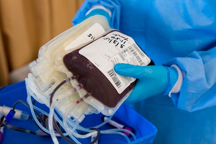 Como o sangue é tratado?  A bolsa de sangue é centrifugada e separada em três componentes (concentrado de hemácias; concentrado de plaquetas; e plasma), que são fornecidos a hospitais.