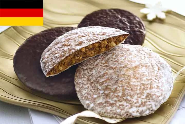 20º) Nürnberger Lebkuchen (Alemanha): É um tipo tradicional de biscoito de gengibre originário de Nuremberg, na Alemanha. Em sua receita, leva canela, cravo, noz-moscada, cardamomo e gengibre, além de amêndoas, avelãs ou nozes. 