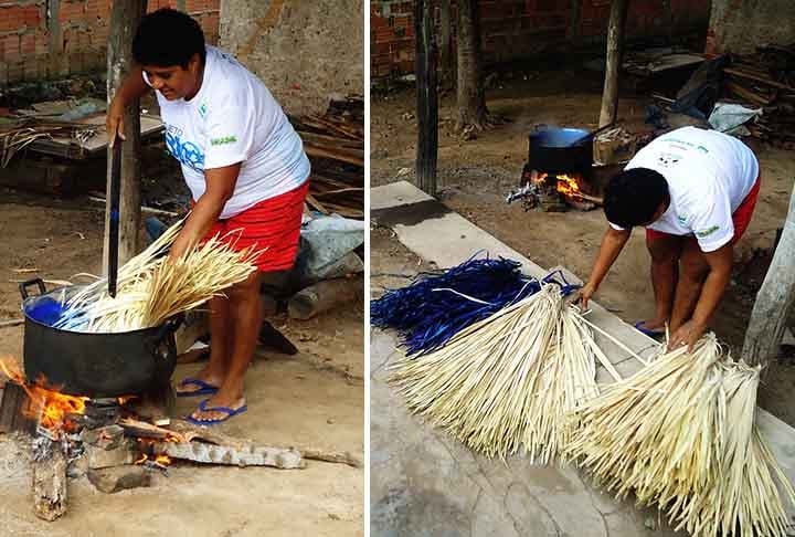 Para artesanato, a palha é limpa, às vezes fervida, e preparada em tiras ou feixes antes de ser trançada ou moldada.