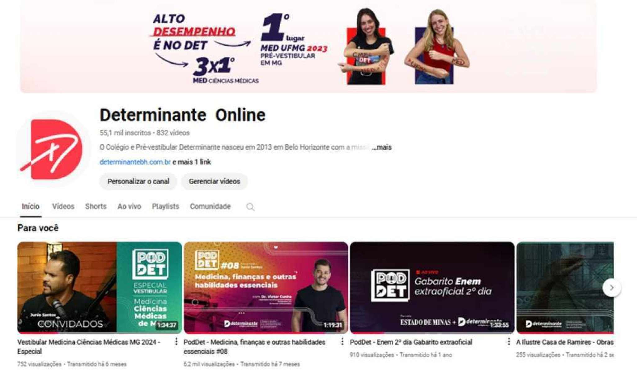 Tela do Youtube do Canal Determinante Educação