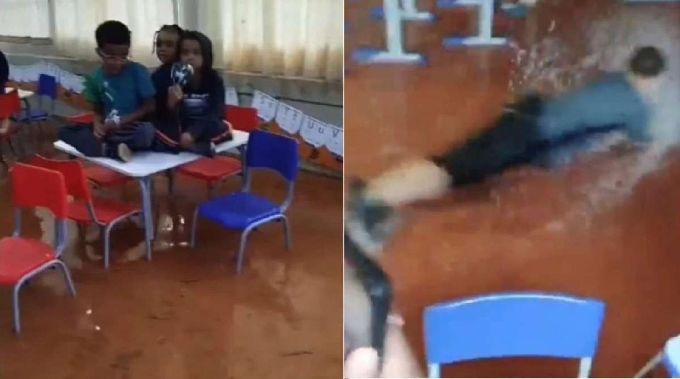 Vídeo: Chuva alaga escola, alunos sobem em carteiras e brincam na água