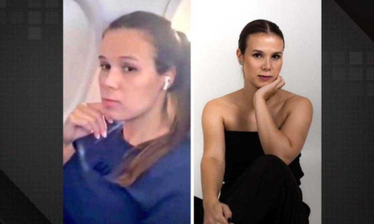 Jennifer Castro no avião onde aconteceu a confusão e em pose para rede social -  (crédito: Arquivo pessoal/Reprodução )