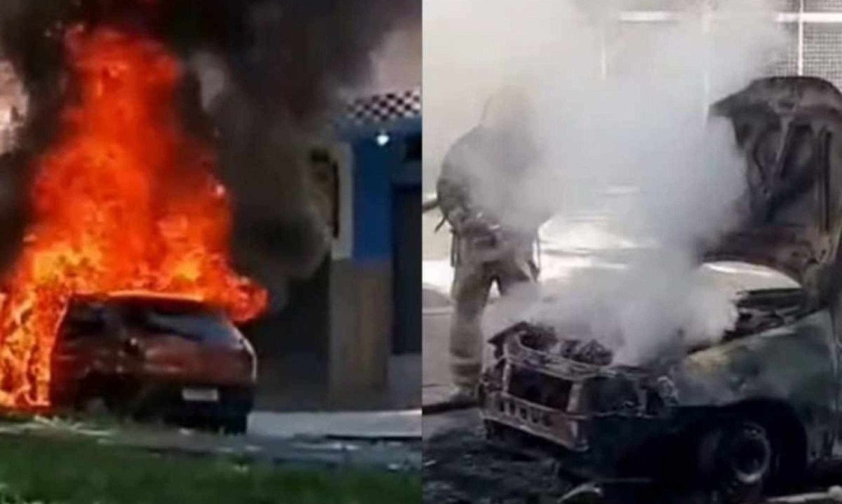 Carro pegou fogo em BH e ficou completamente destruído -  (crédito: Corpo de Bombeiros/Divulgação)