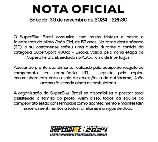 Em nota, a organização do evento manifestou pesar pela morte de Eloi e disse que está à disposição para dar assistência à família.