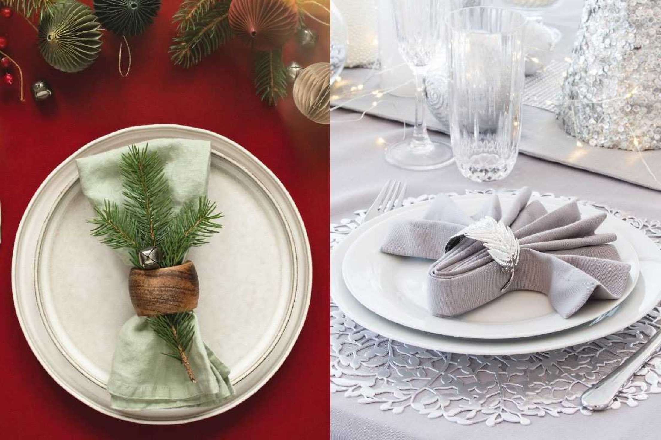 Toalhas vermelha e branca com detalhes metálicos em prata criam um contraste elegante e festivo para a mesa de Natal