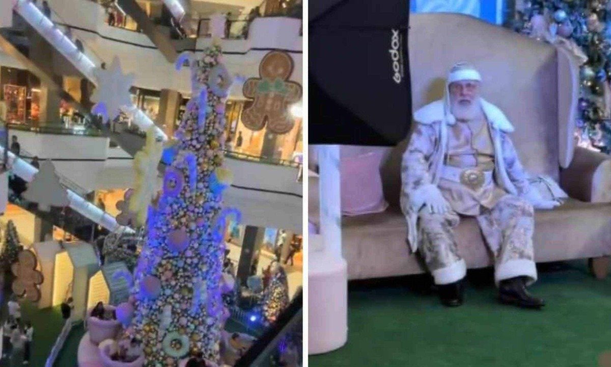 Em decoração de shopping, o vermelho ficou de fora, até na roupa do Papai Noel -  (crédito: Reprodução / redes sociais)
