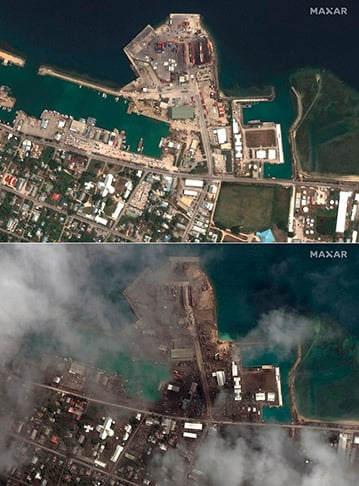 Subaquático, o Hunga Tonga explodiu a 14 km de profundidade e foi sentido a 250 km de distância. Ele causou ondas gigantes pelo Pacífico, atingindo ilhas de Tonga, como Mango e Atata. Elas ficaram cobertas de cinzas e fumaça.  