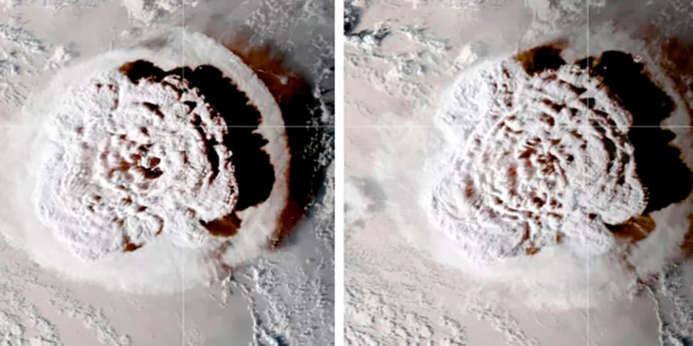 Imagens da NASA registraram o efeito pluma e constataram que a mistura de gás, vapor e cinzas alcançou a mesosfera (terceira camada da atmosfera), a 58 km de altitude, um recorde! 