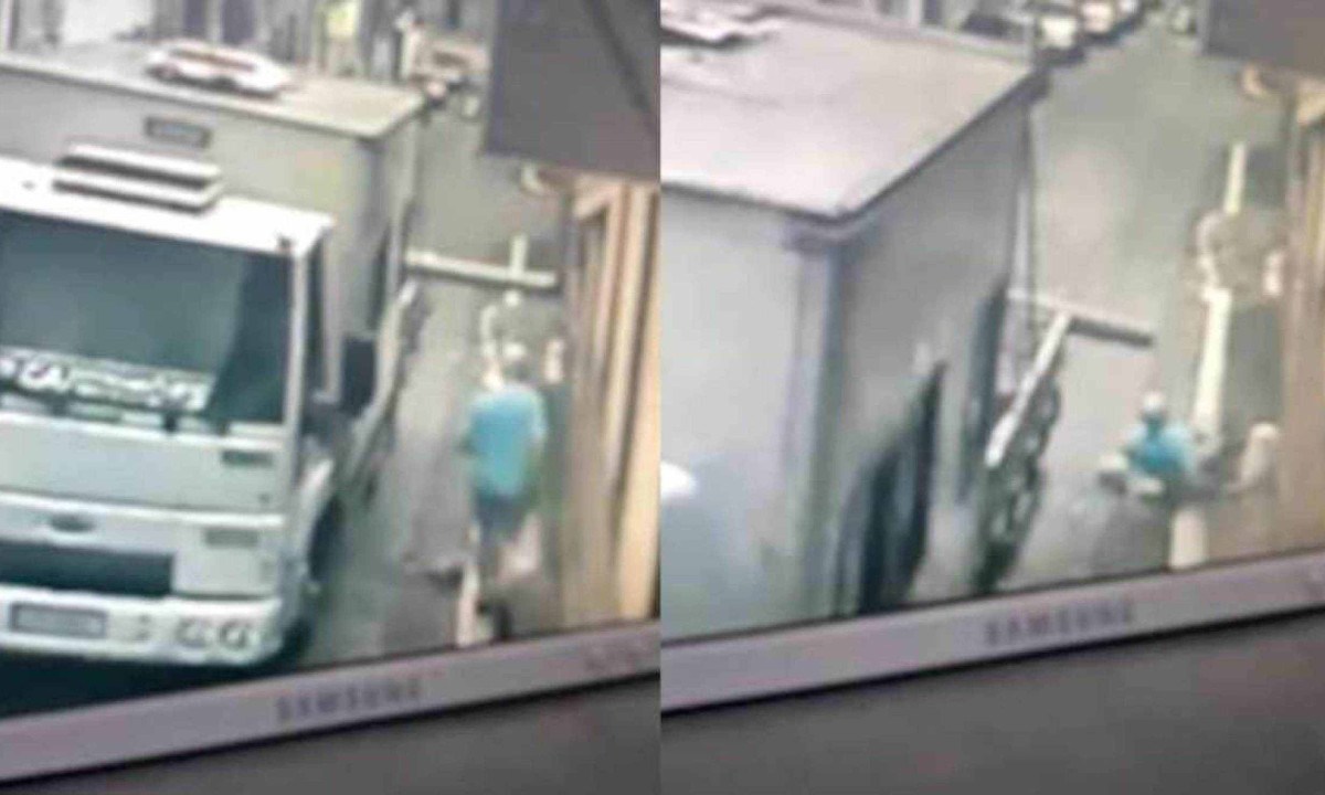 Vídeo flagrou momento em que idoso é atingido por cano que caiu de caminhão em movimento -  (crédito: Reprodução)