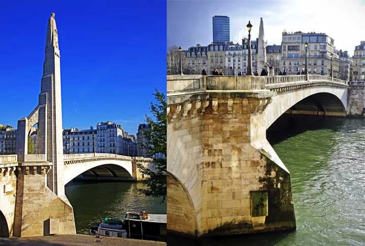 Pont de la Tournelle – Inaugurada em 1928, a Pont de la Tournelle liga a Ilha de Saint-Louis à margem esquerda, próxima à Catedral de Notre-Dame. A ponte, em estilo neoclássico, é famosa por sua escultura de Santa Genoveva, padroeira de Paris, que fica no centro da estrutura. Ela simboliza a continuidade entre o passado histórico da cidade e seu desenvolvimento moderno