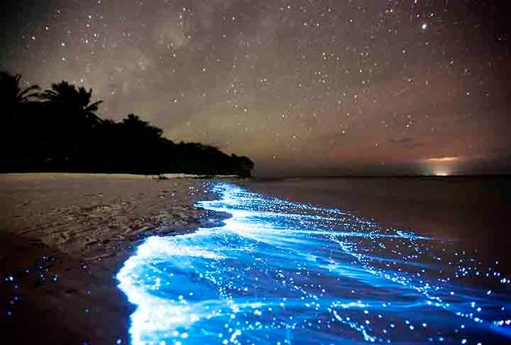 Ilha Vaadhoo - Ilha das Maldivas, no Oceano Índico, é conhecida pelo fenômeno bioluminescente causado por plânctons 