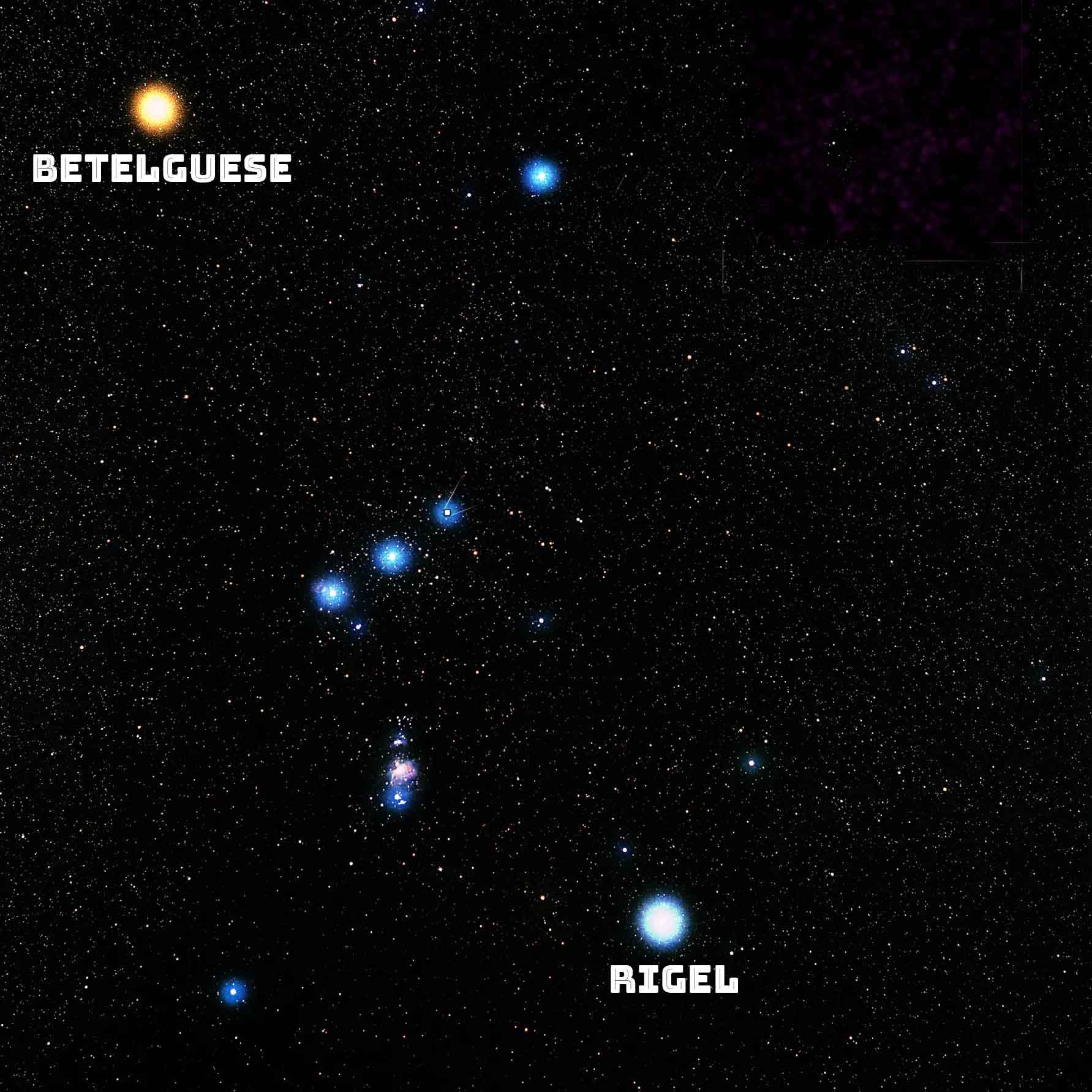 A constelação de Órion contém Betelgeuse, uma supergigante vermelha, e Rigel, uma supergigante azul. É visível em ambos os hemisférios e está associada ao caçador mitológico grego Órion.