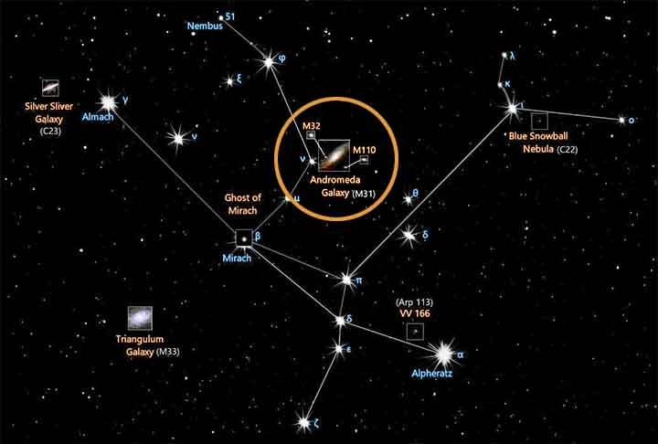 Andrômeda: Famosa por abrigar a galáxia de Andrômeda, a galáxia espiral mais próxima da Via Láctea. Está ligada à princesa Andrômeda da mitologia grega.