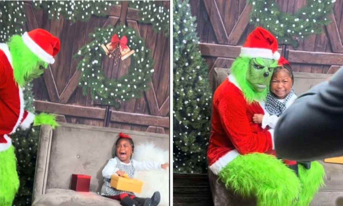 Menina n&atilde;o escondeu medo do Grinch, mas n&atilde;o fez feio na foto -  (crédito: Reprodu&ccedil;&atilde;o / TikTok)