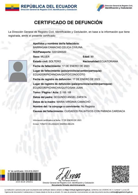 “Eles nos deram até um atestado de óbito”, declarou Gilber Rodolfo Balberán Montoya a veículos de mídia equatorianos. Na foto, ilustrativa, um modelo de atestado emitido pelas autoridades de saúde equatorianas.  