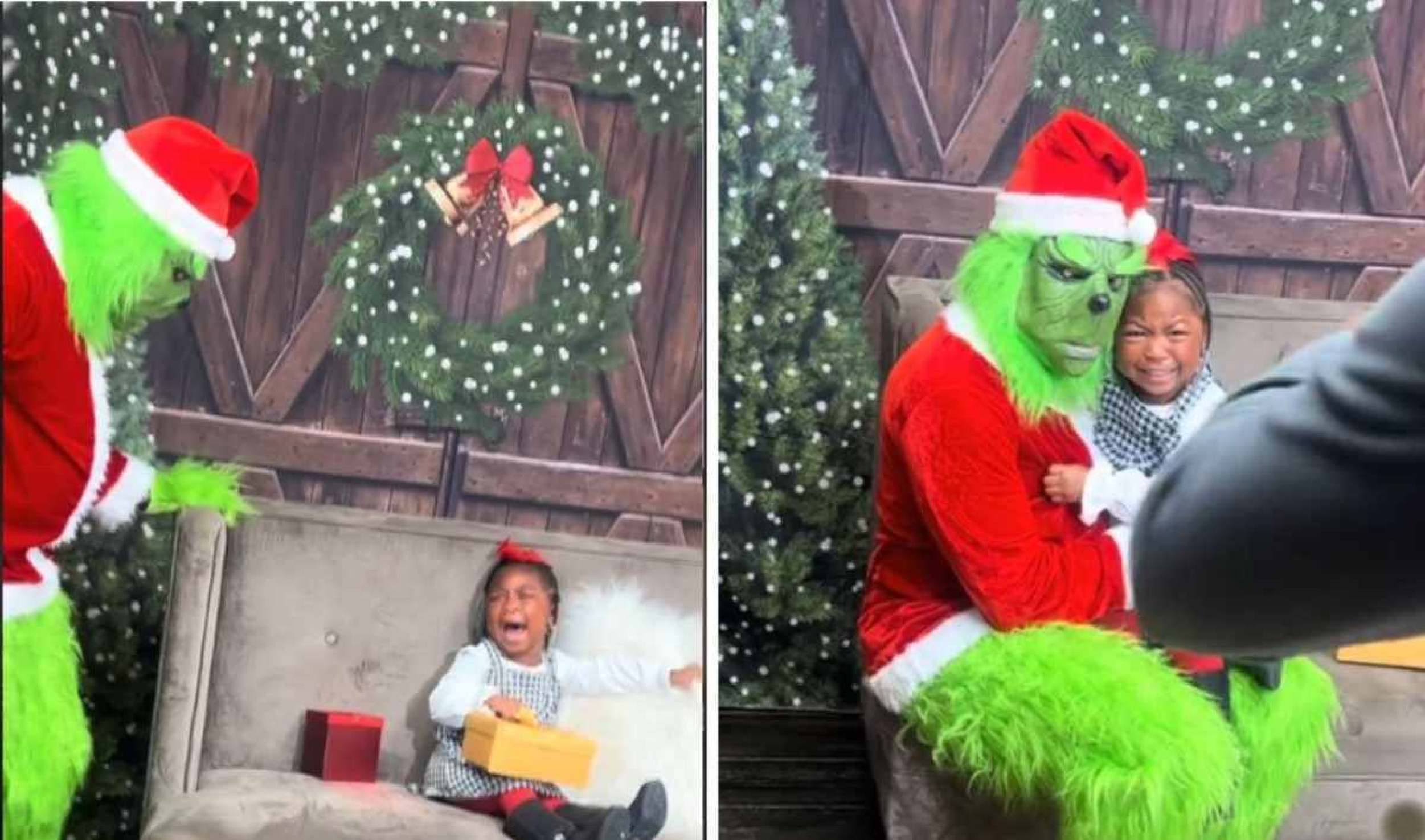 Menina enfrenta o medo e posa para foto com o Grinch