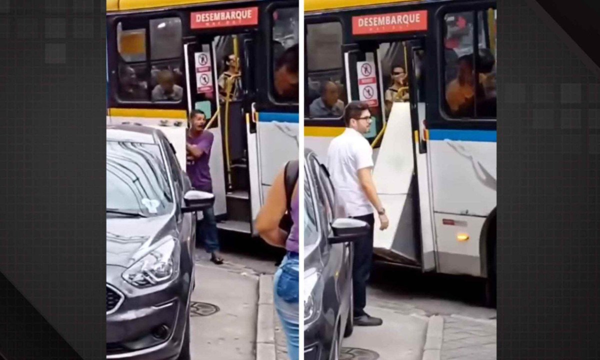 Frames de vídeo da confusão em rua do Rio de Janeiro, onde passageiro tentou embarcar com uma geladeira e foi impedido pelo motorista -  (crédito: Reprodução/Dailymotion)